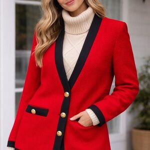 Express Red & Black Knit Blazer Cardigan Jacket With Gold Buttons New– Size S